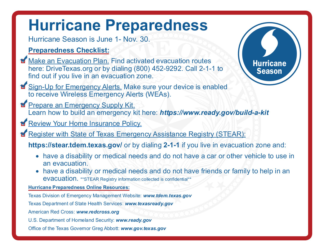 Image that provides information on hurricane preparedness from the Texas Division of Emergency Management