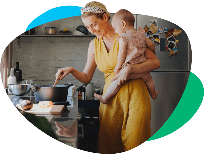 Mom and baby cooking in the kitchen