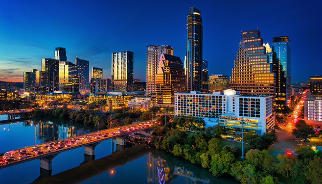View of Austin city skyline from Lady Bird Lake