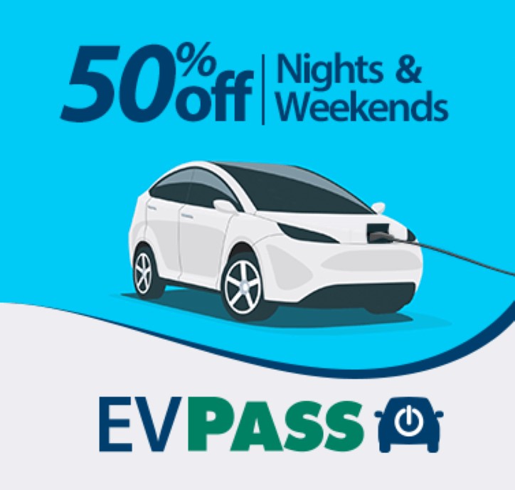 EV Pass image with 50 percent off nights and weekend text