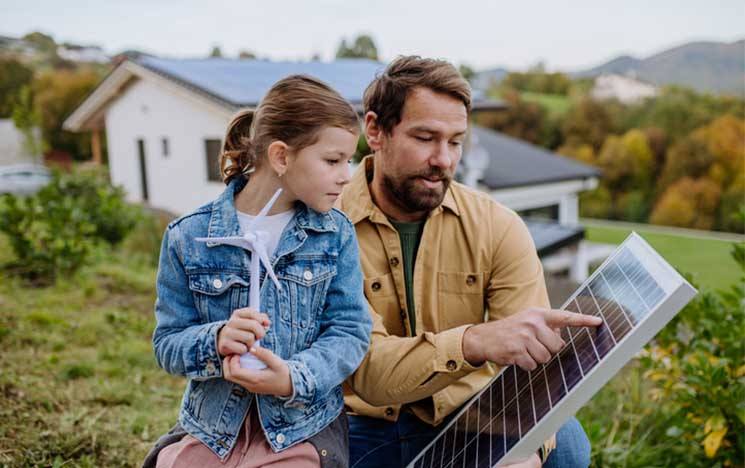Father and daughter looking at solar panel